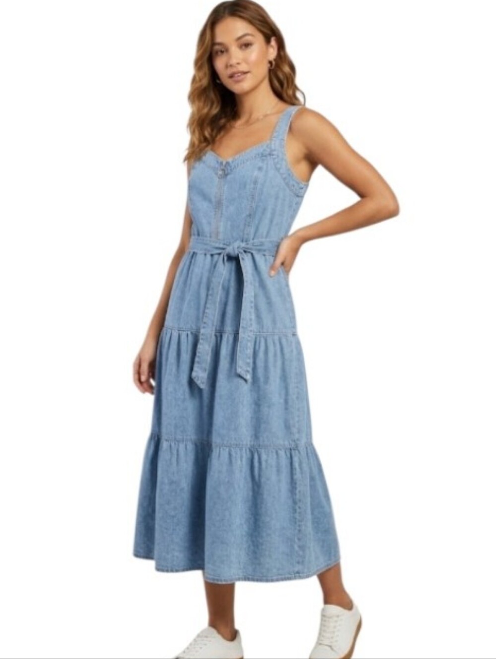 NWT. Given Kale Denim Tiered Maxi Dress Half Zip Belted Sz.XL Western Boho